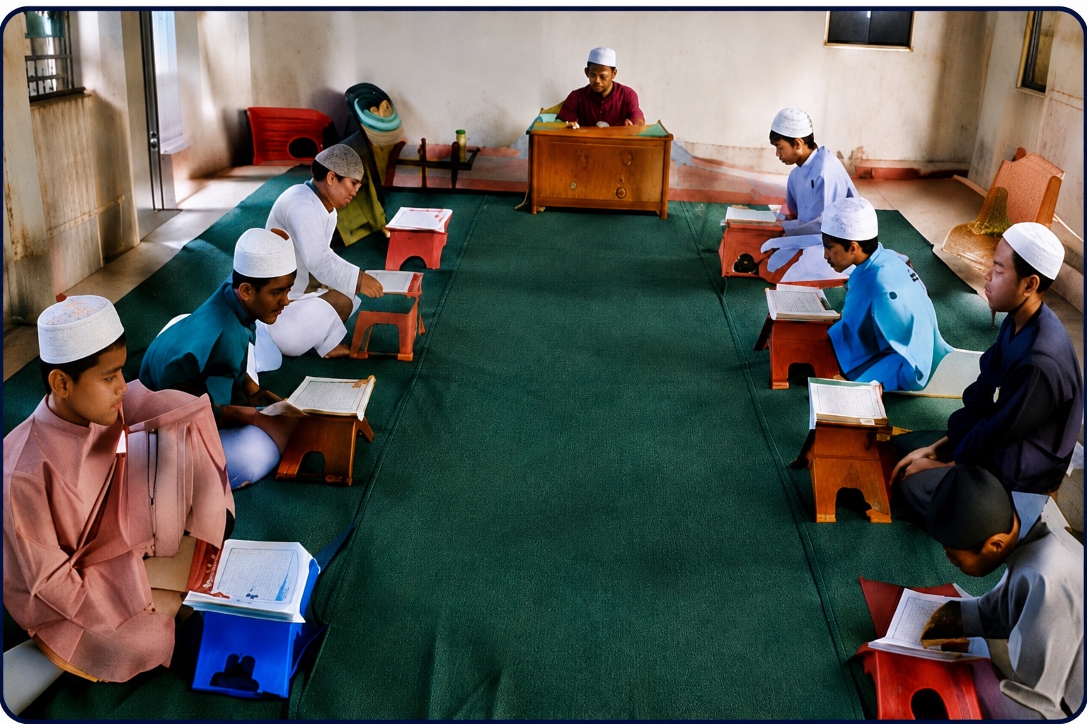 Students studying the Qur’an inside the madrasha